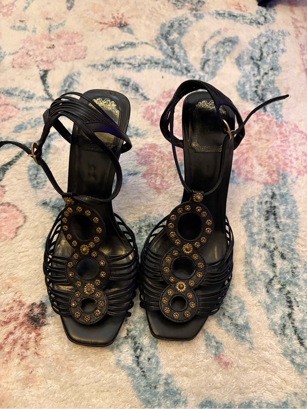 Women’s Dior Black Strappy Heeled Sandals with Embellished Rings